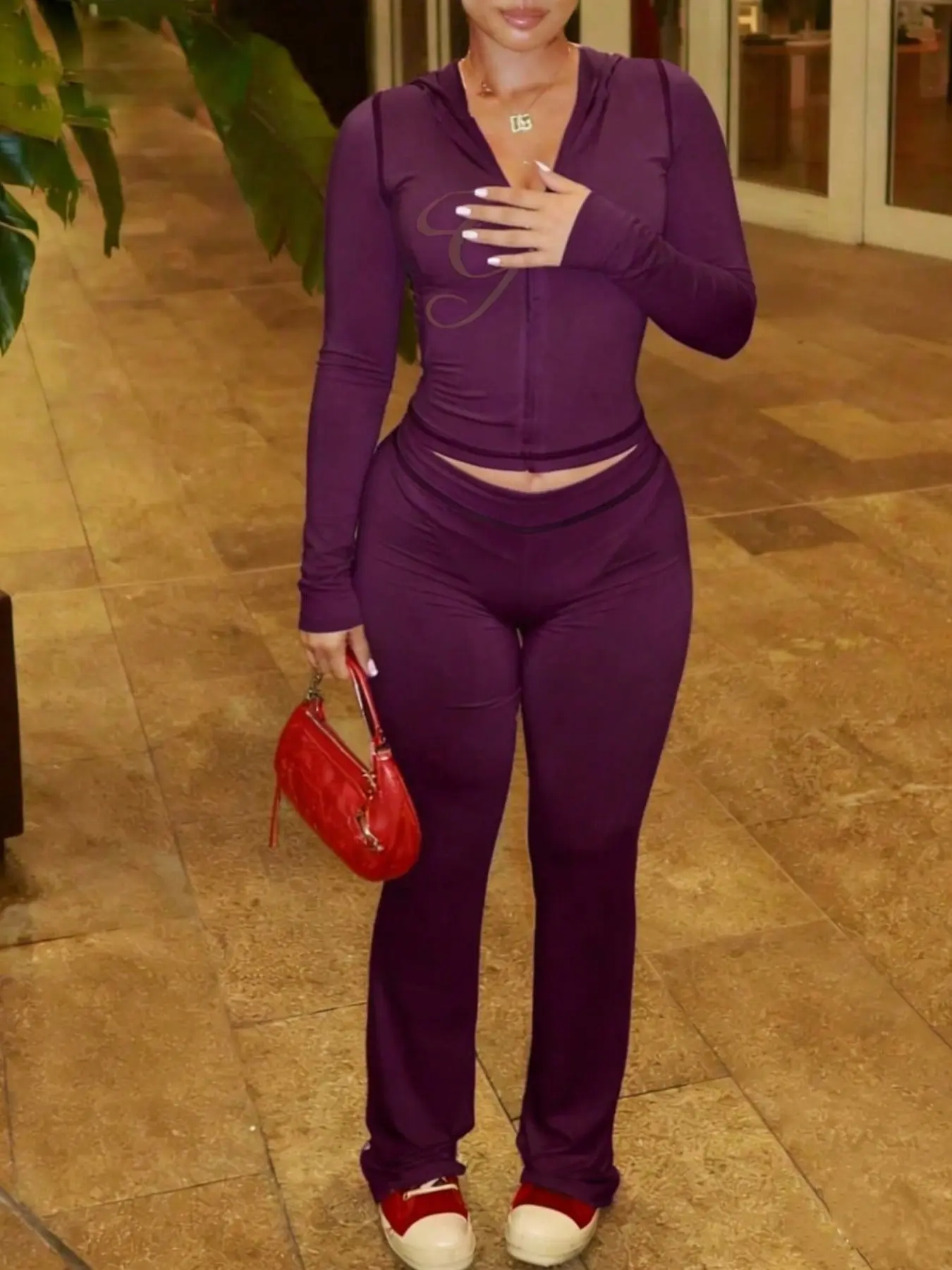 Fall Clothes Casual Two Piece Set Purple Zip Up Hoodie Party Going Pants Set For Club Outfits Set Women