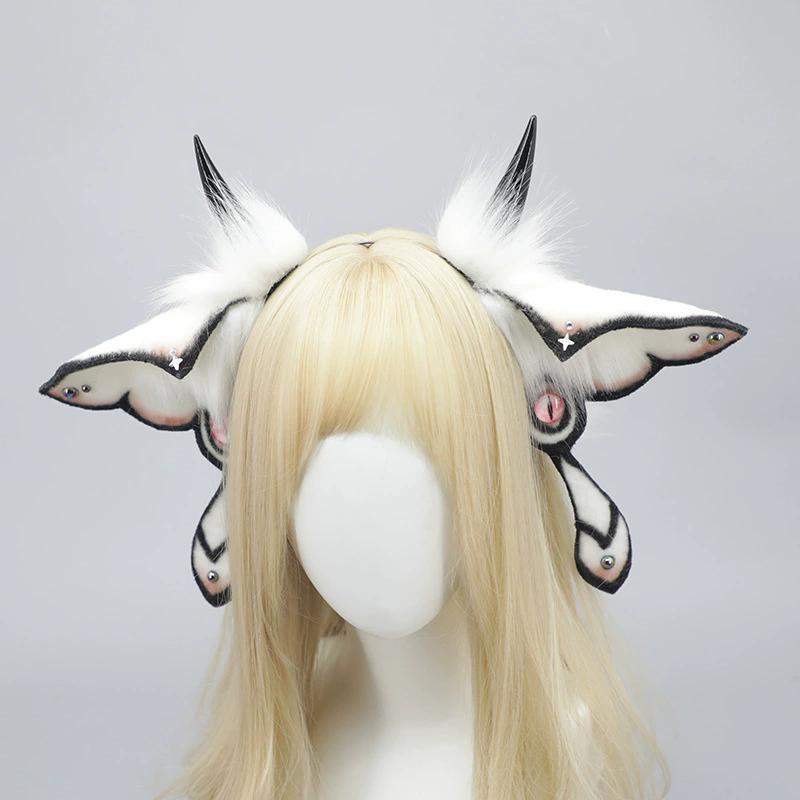 Halloween Devil Horns Headpiece Fantasy Creature Cosplay Convention Costume Hairband Realistic Faux Fur Moth Hair Accessories