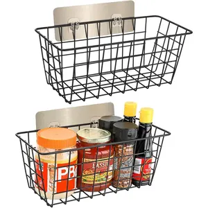 2 Pack Black Adhesive No Drilling Hanging Wall Wire Storage Baskets, Cabinet Door Organizer for Kitchen Pantry Bathroom Fruit Storage & Organization