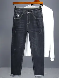 Men's Vintage Washed Straight Leg Jeans, Front Pocket Logo, Waist Patch, Stretchy Fabric, Rollable Hem, Casual Daily Wear, Multiple Sizes