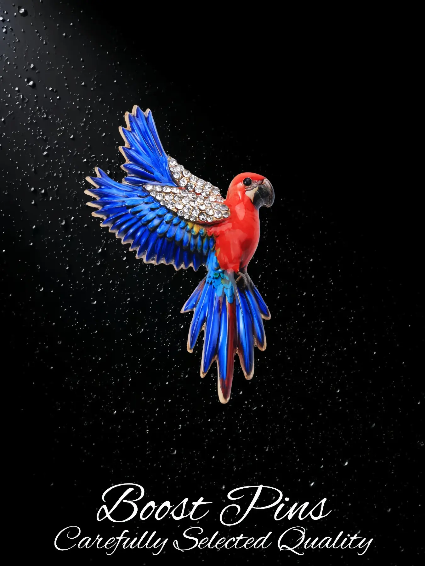 Gold Tone Vintage Flying Macaw Parrot Brooch, Sparkling Brooch, Red Blue Enamel Spread Wings Paved With Clear Rhinestones, Tropical Bird Lapel Pin, Statement Fashion Jewelry For Women Coats Blazers, Unique Gift For Bird And Nature Lovers