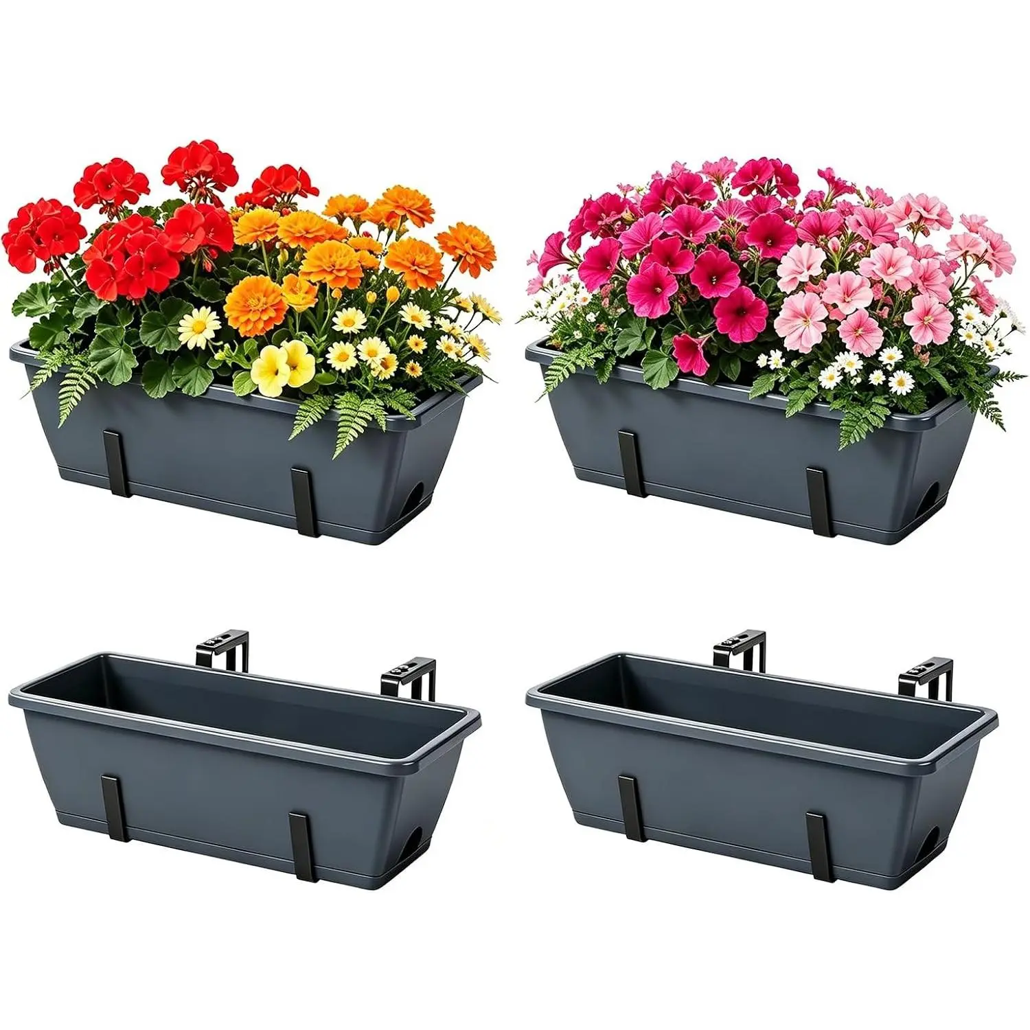 Deck Railing Planter Box 4 Pack Window Boxes Planters with Adjustable Brackets, 17 Inch Hanging Flower Pots for Plants for Front Porch, Garden Fence, Apartment Patio Balcony Decor, Grey