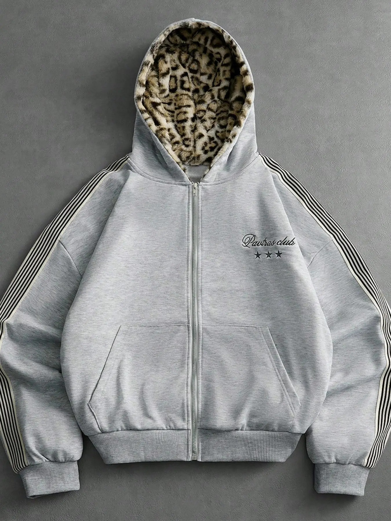 1PC Men's Y2K Zip Up Hoodie Oversized Streetwear Grey Polyester Jacket with Leopard Print Lining and Star Embroidery for Casual Daily Outfits