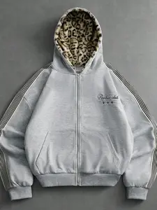 1PC Men's Y2K Zip Up Hoodie Oversized Streetwear Grey Polyester Jacket with Leopard Print Lining and Star Embroidery for Casual Daily Outfits