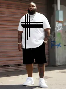 T-Shirt with Geometric Print, Loose-Fit Short Sleeve Top, Pure Shorts, Casual Summer, American Street Style