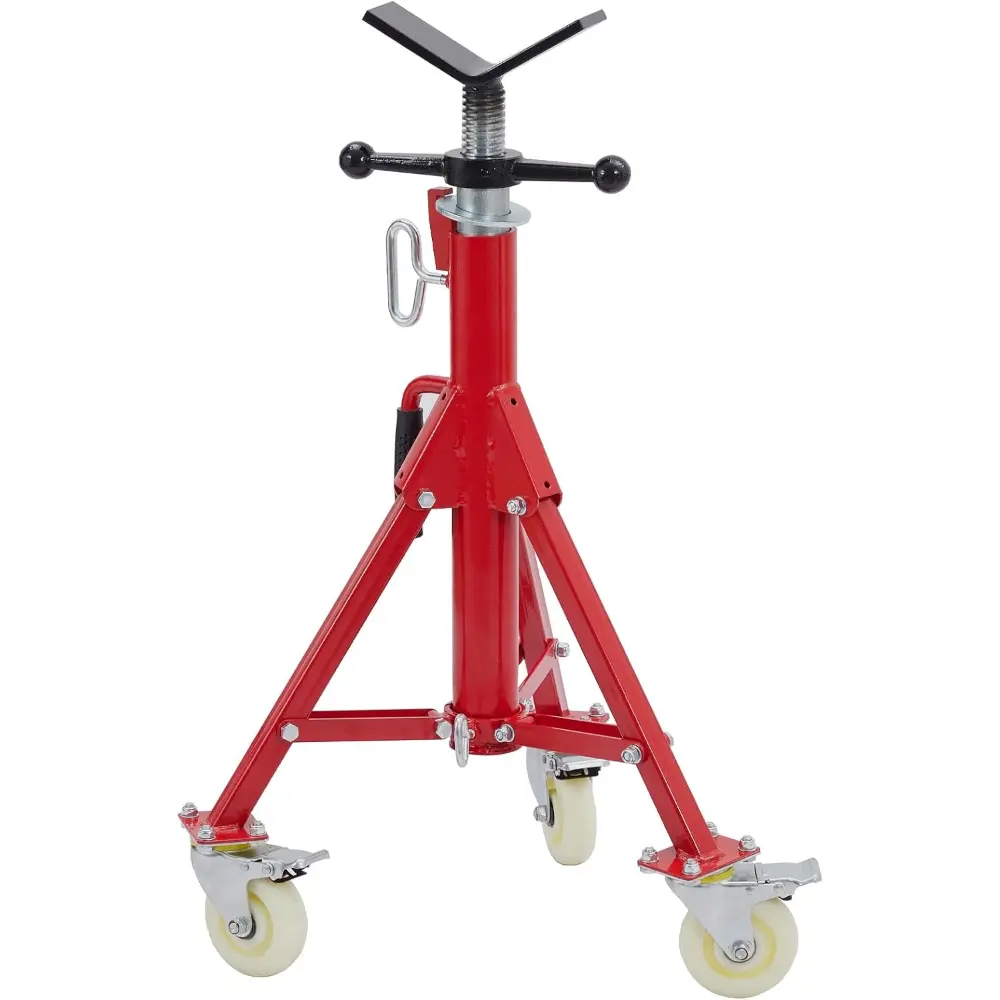 Towallmark V-Head Carbon Steel Pipe Jack Stand with Casters, 28-52 in Adjustable Legs, 1/8"-12" Pipe Work Capacity, 2500 lb Load Bearing, Heavy Duty Tripod Base, Portable Folding Design