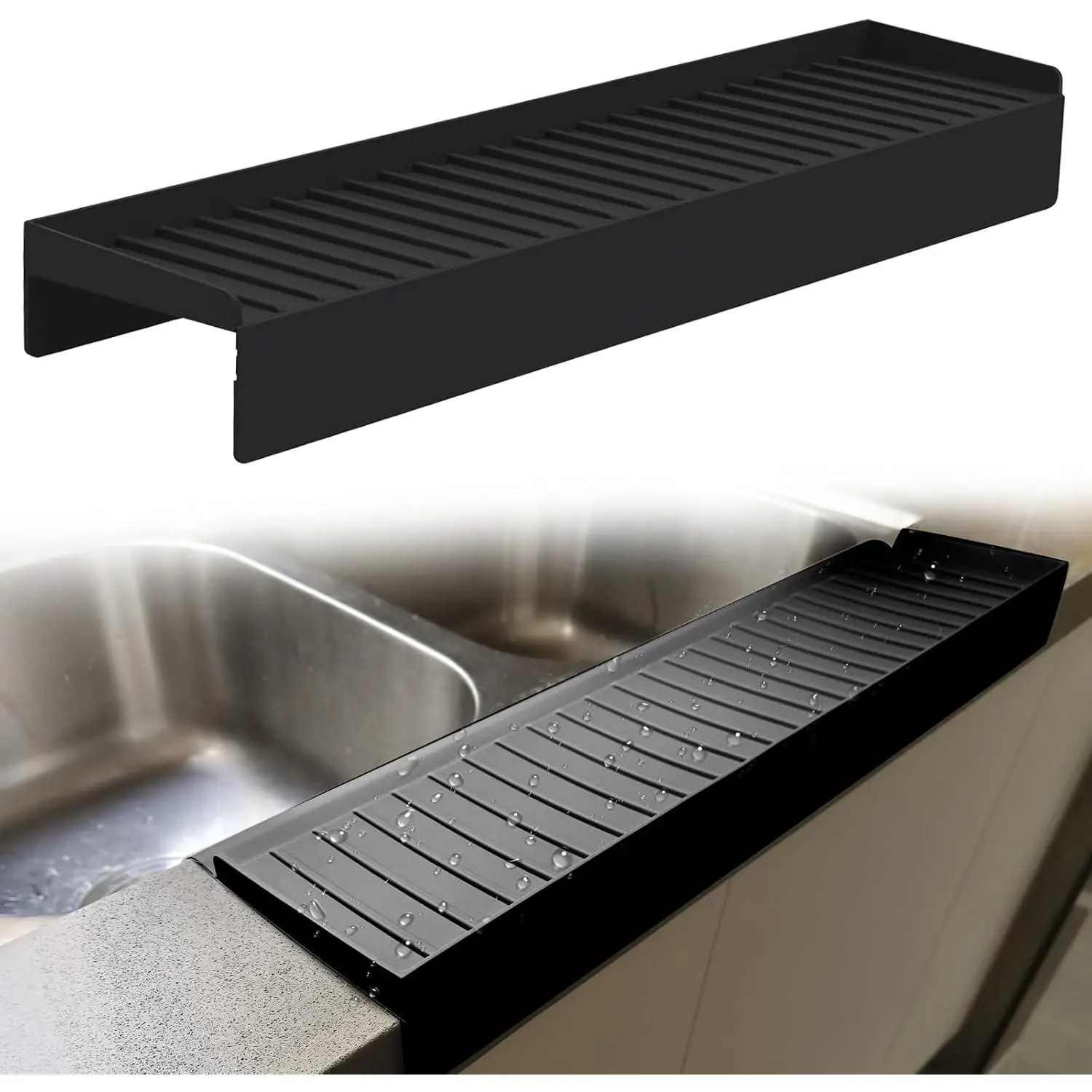 Silicone Edge Protectors - Easy-Install Multifunction Sink Accessory, Splash Guard & Drain Mat for Kitchen, Bathroom Countertops (Steel, Granite, Quartz, Black)