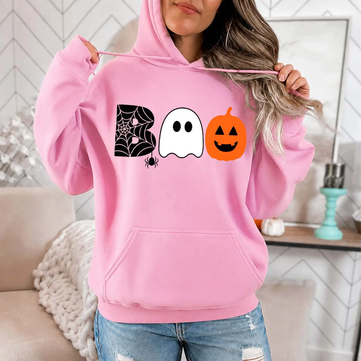 Women’s Halloween Ghost & Pumpkin Graphic Hoodie, Cute Spider Web Spooky Print Pullover Sweatshirt, Cozy Long Sleeve Fall Top with Front Pocket, Casual Autumn Hoodie for Halloween Parties, Trick or Treat Nights & Weekend Wear