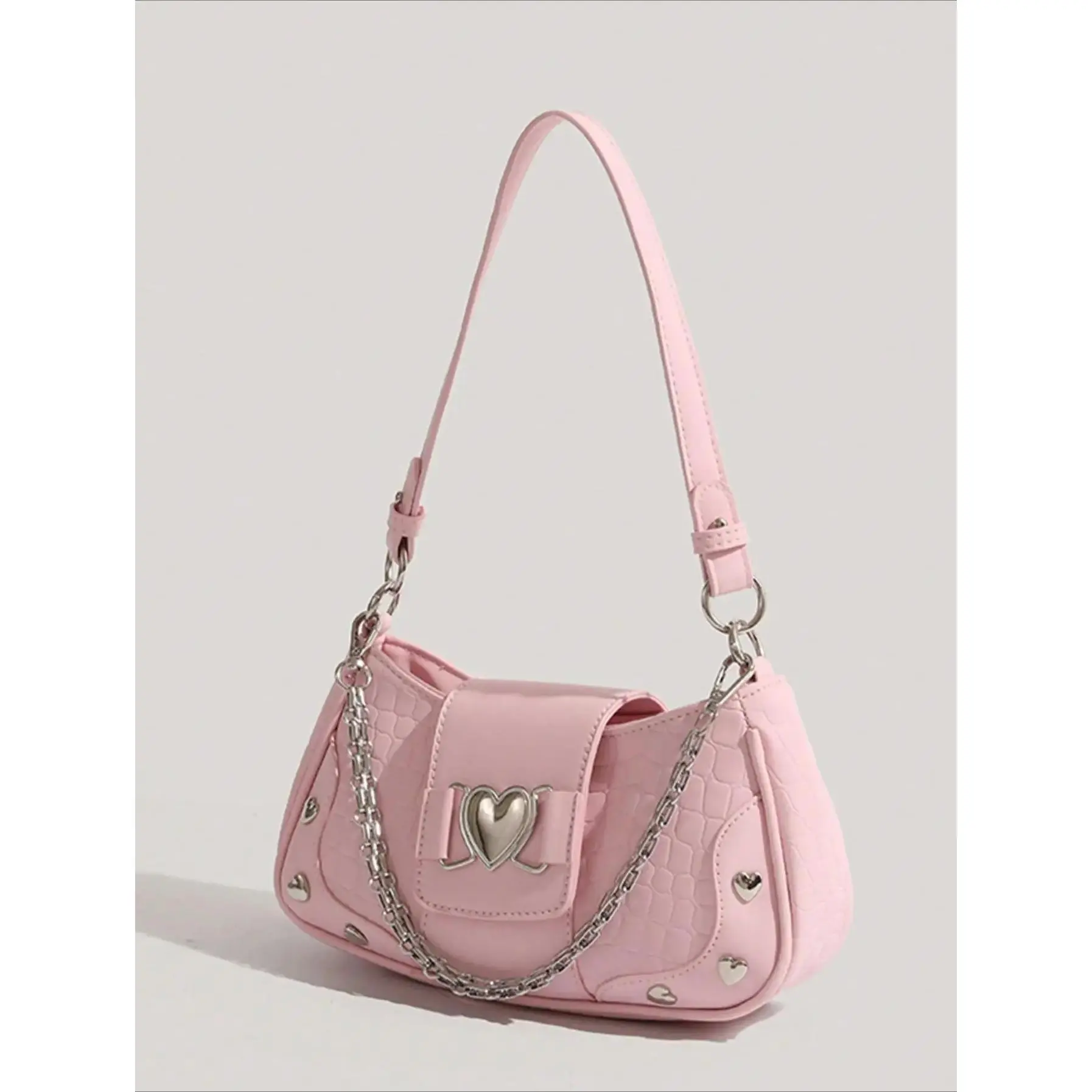 Heart Chain Crossbody Bag for Women - Crocodile PU Leather Trendy Shoulder Hobo Purse, Y2K Punk Casual Everyday Fashion Handbag