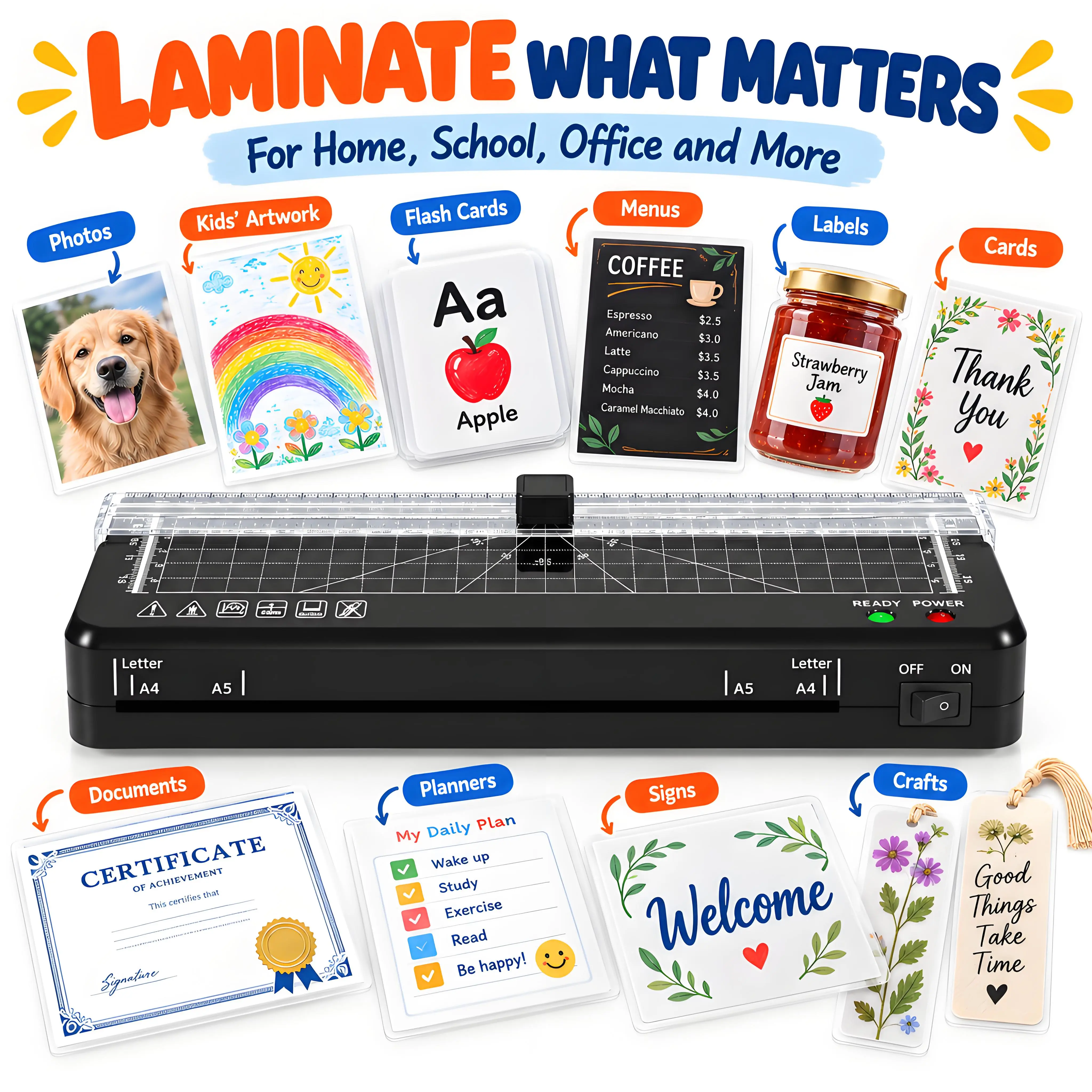 Portable A4 Laminator Machine, 4-in-1 Thermal Laminator Kit with Built-in Paper Cutter, Corner Rounder and Laminating Pouches, Compact Laminator for Photos, Documents, Cards, Home, Office and School, all in one laminator, laminatorkit