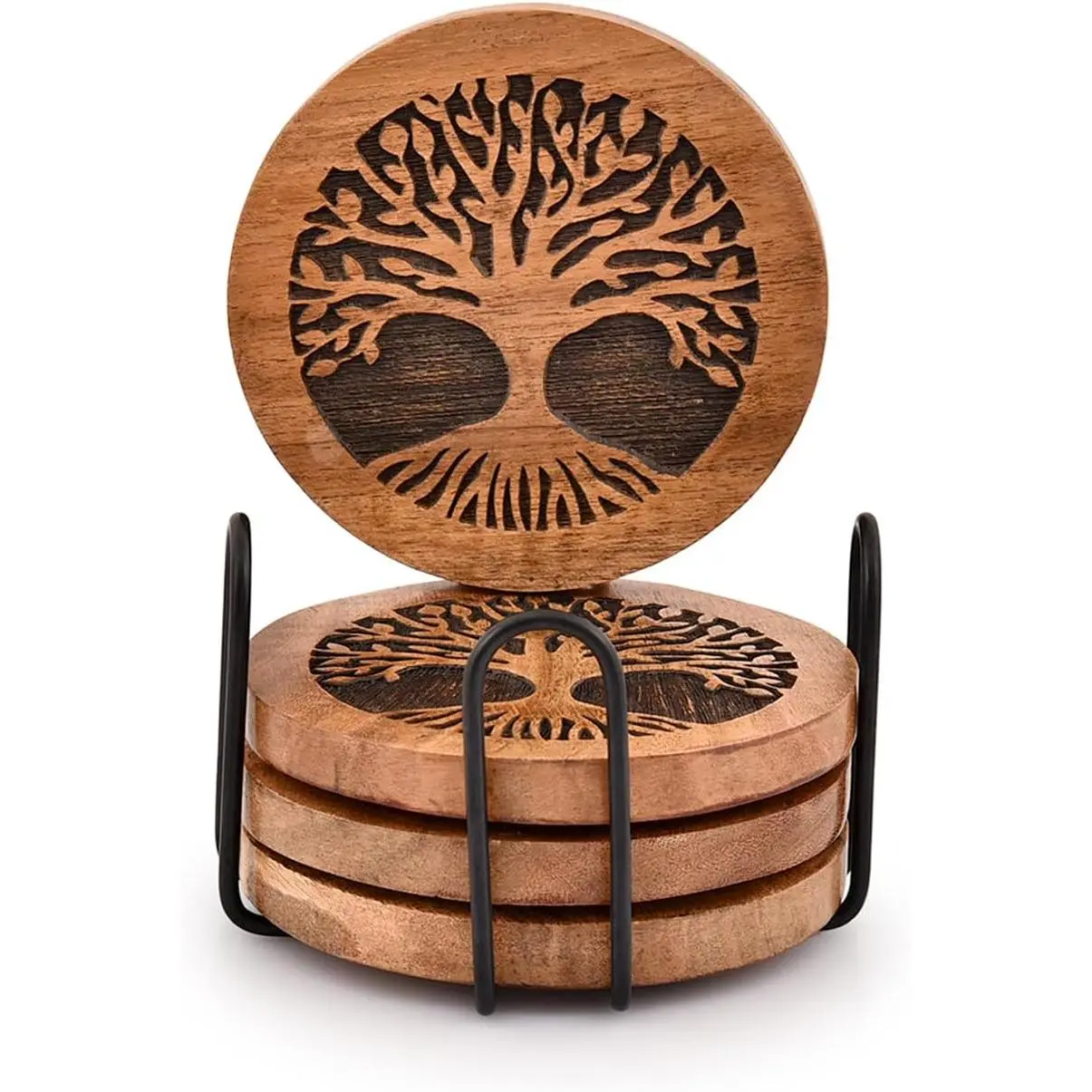 Set of 4 Handmade Round Wooden Tree of Life Coasters for Drinks with Iron Holder for Any Table Type for Bar Kitchen Home Apartment (4" x 4" x 0.5")