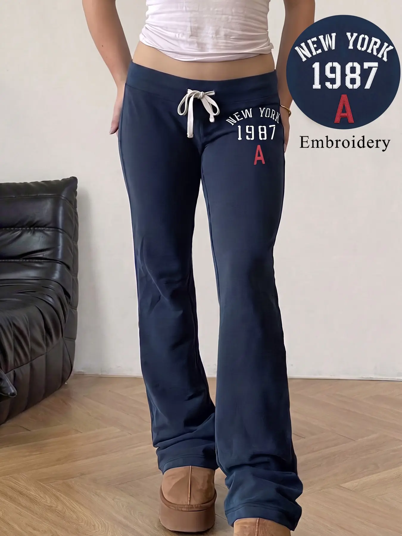 Navy Low Waist Drawstring Micro Flare Sweatpants For Women, New York 1987 Letter Embroidery Slim Bootcut Casual Trousers, Soft Stretch Y2K Street Loungewear Pants For Daily Autumn Going Out Wear