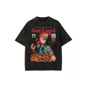 Acid Wash Distressed Short Sleeve T-Shirt For Men Women, Chucky E Cheese's Good Guys Horror Pizza Parody Vintage Comic Graphic Oversized Crew Neck Casual Grunge Streetwear Soft Knit Cotton Daily Fashion Top
