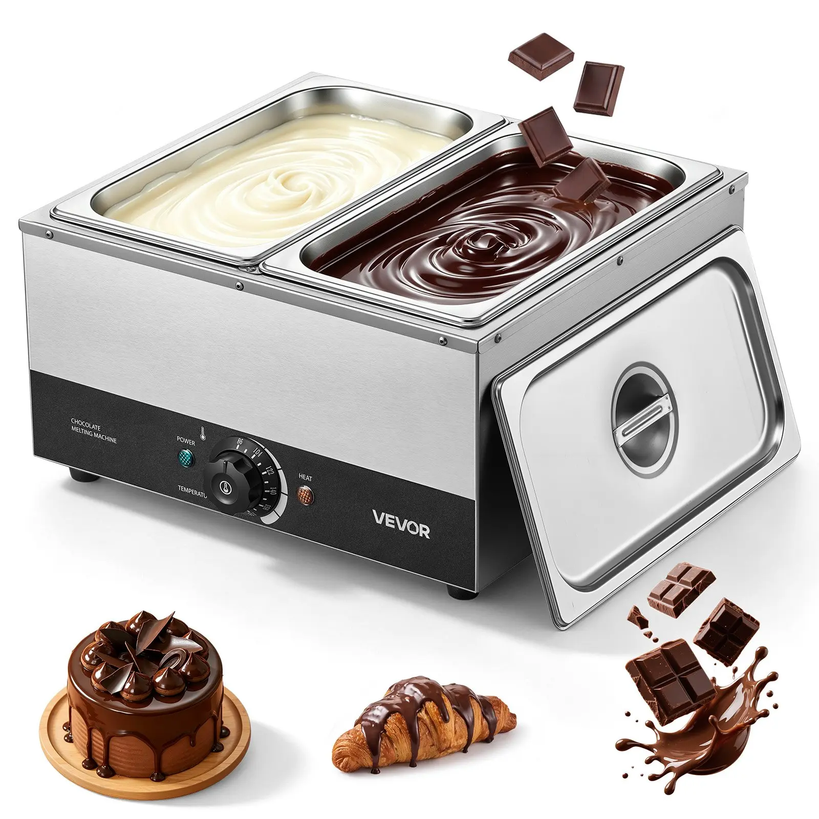 【toolupgrade】VEVOR Chocolate Melting Machine, 2 Tanks 17.6 lbs Chocolate Commercial Melter, 1200W High Power, Water Bath Heating System, Stainless Steel Body, 86-185 Temperature Range, Chocolate Warmer for Cheese and Milk
