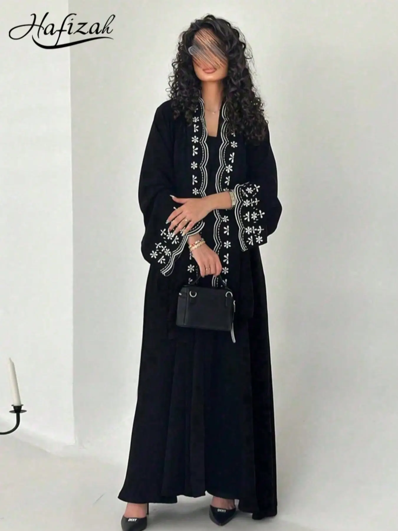 Hafizah New Women's Modest Fashion Embroidered Outerwear Cardigan, Trendy Casual Long Dress with Headscarf, All Seasons Oversize Loose Fit Clothes