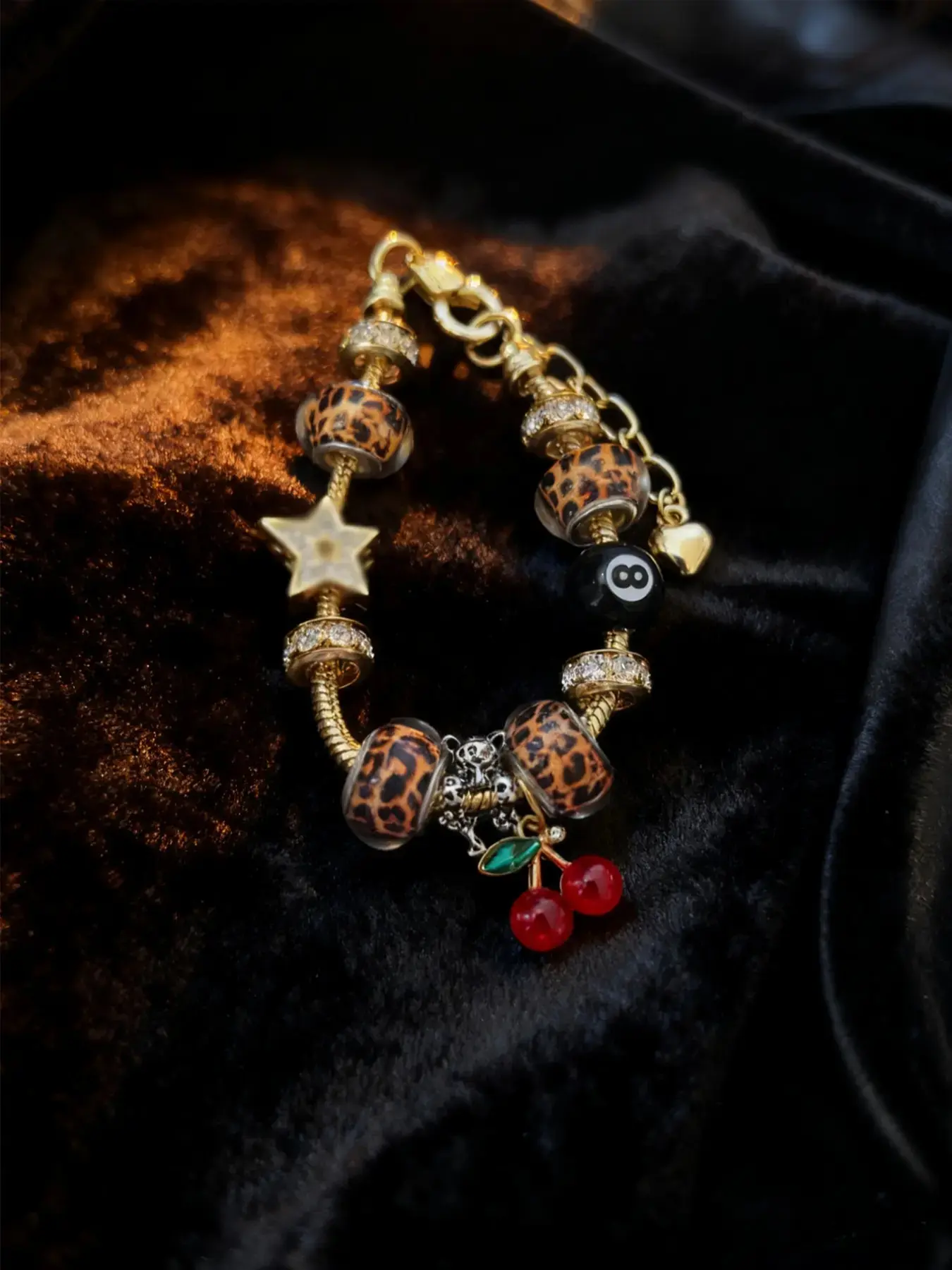 Women's Leopard Print Rhinestone Cherry Pendant Bracelet, Sexy Style Iron Chain Jewelry for All Seasons, Perfect Gift for Women, Trendy Jewelry, Charm Bracelets