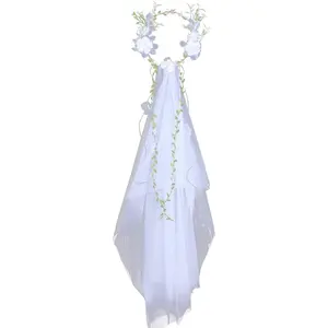 Wedding Bridal Veil Floral Garland Veil Flower Crown Veil Boho for Wedding Beach White