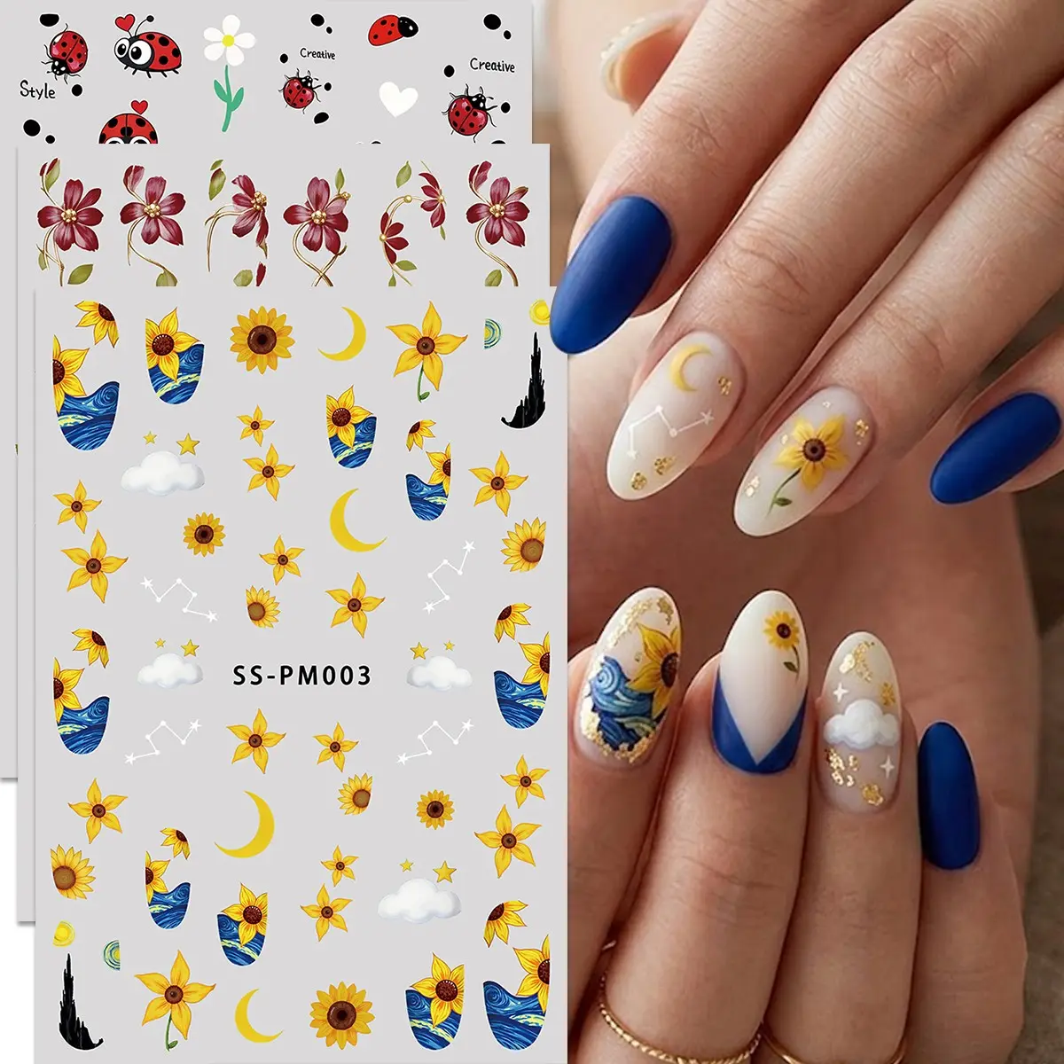 3pcs Vintage Floral Sunflower Nail Art Stickers, Cute Ladybug Design, Fall Back-To-School Wedding Music Festival Nail Decor Kit