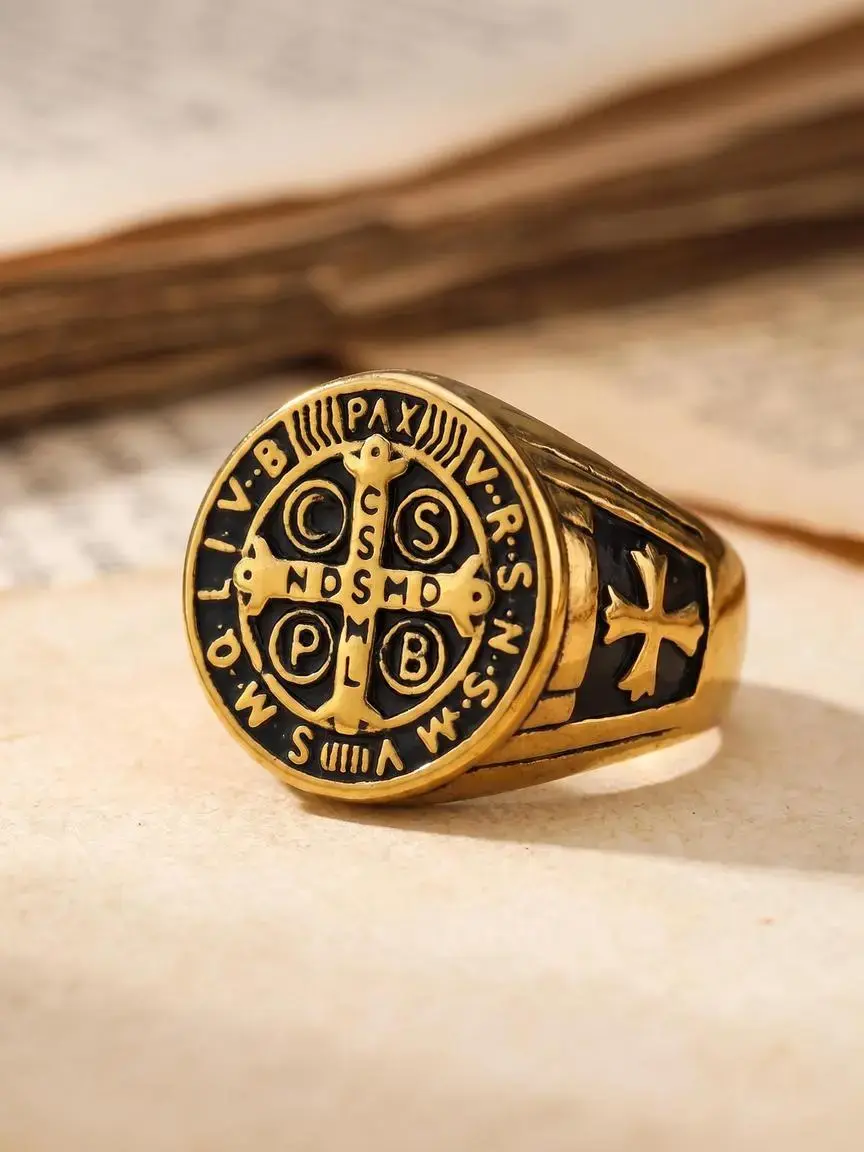 Saint Benedict Exorcism Ring, Catholic Titanium Steel Ring, St. Benedict Cross Ring, Roman Cross Protection Jewelry, Statement Ring, Stainless Steel Ring, Metal Rings