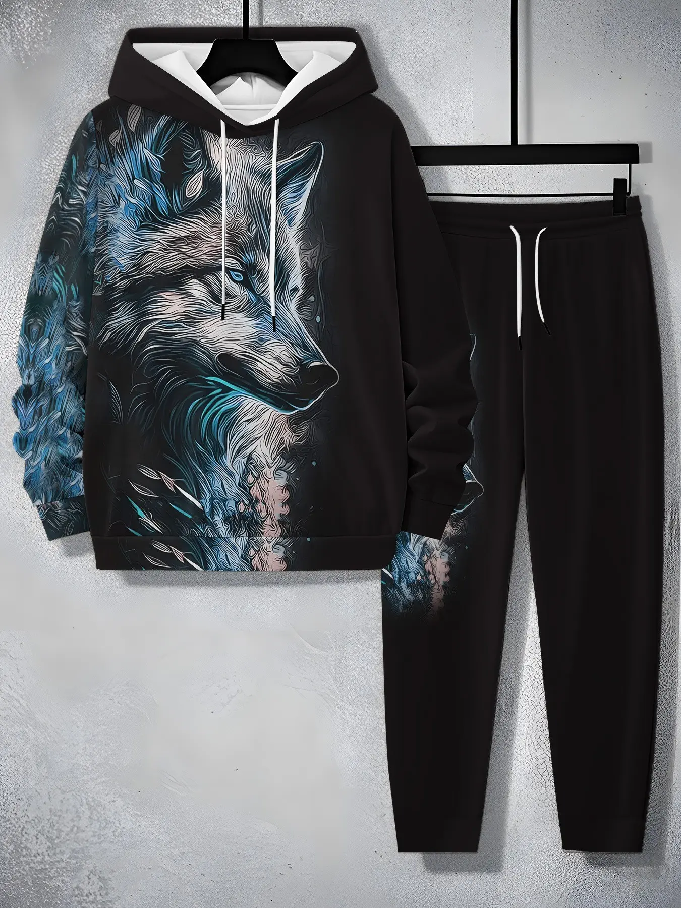 Men's Creative Wolf Print Hooded Sweatshirt Set, Loose American Streetwear Two-Piece Set, Versatile Home & Streetwear Male Outfit