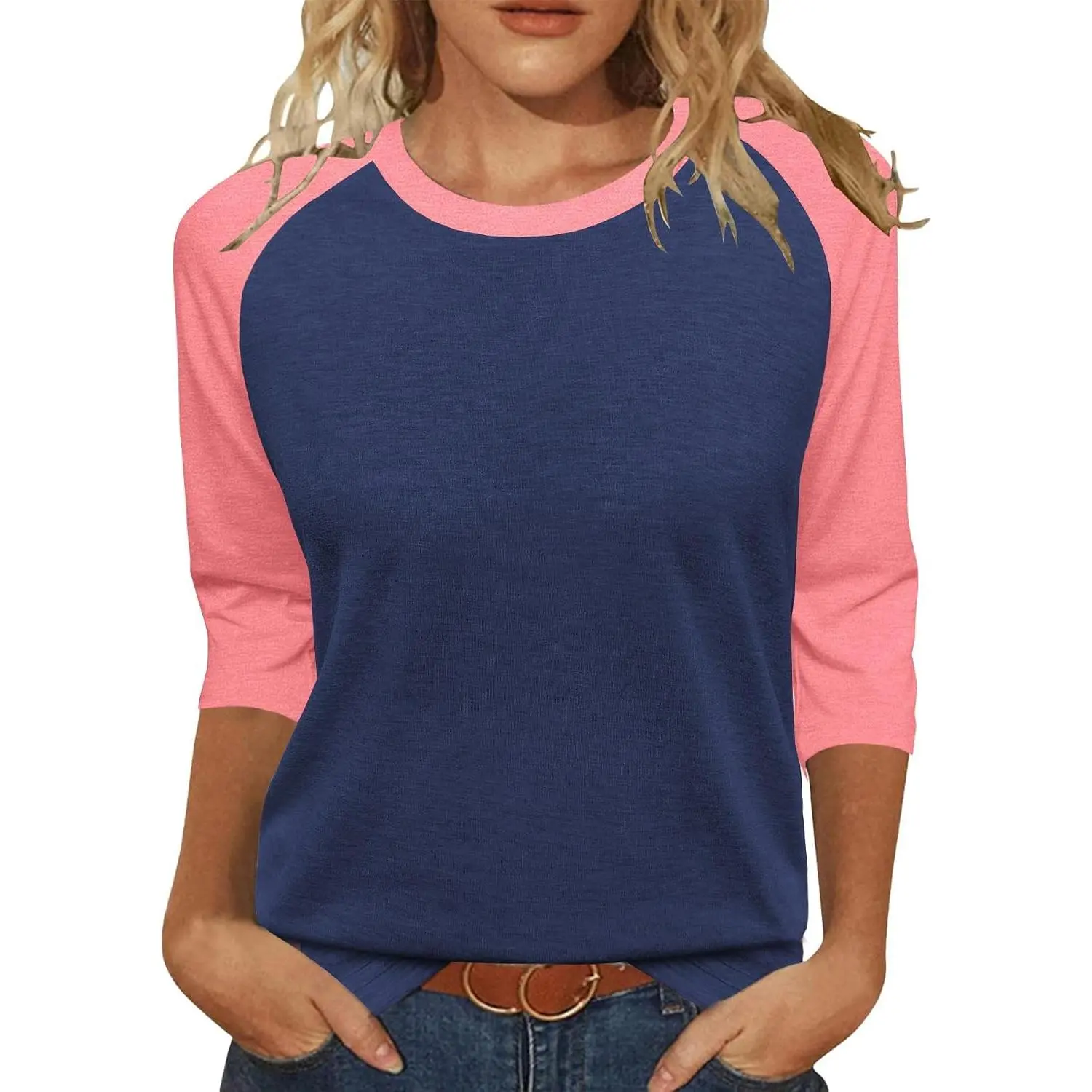 Ladies' 3/4 Sleeve Color Block Shirts - Women's Round Neck Loose Comfortable Fabric Tees, Elegant Casual Outdoors Summer Tops, Lightweight