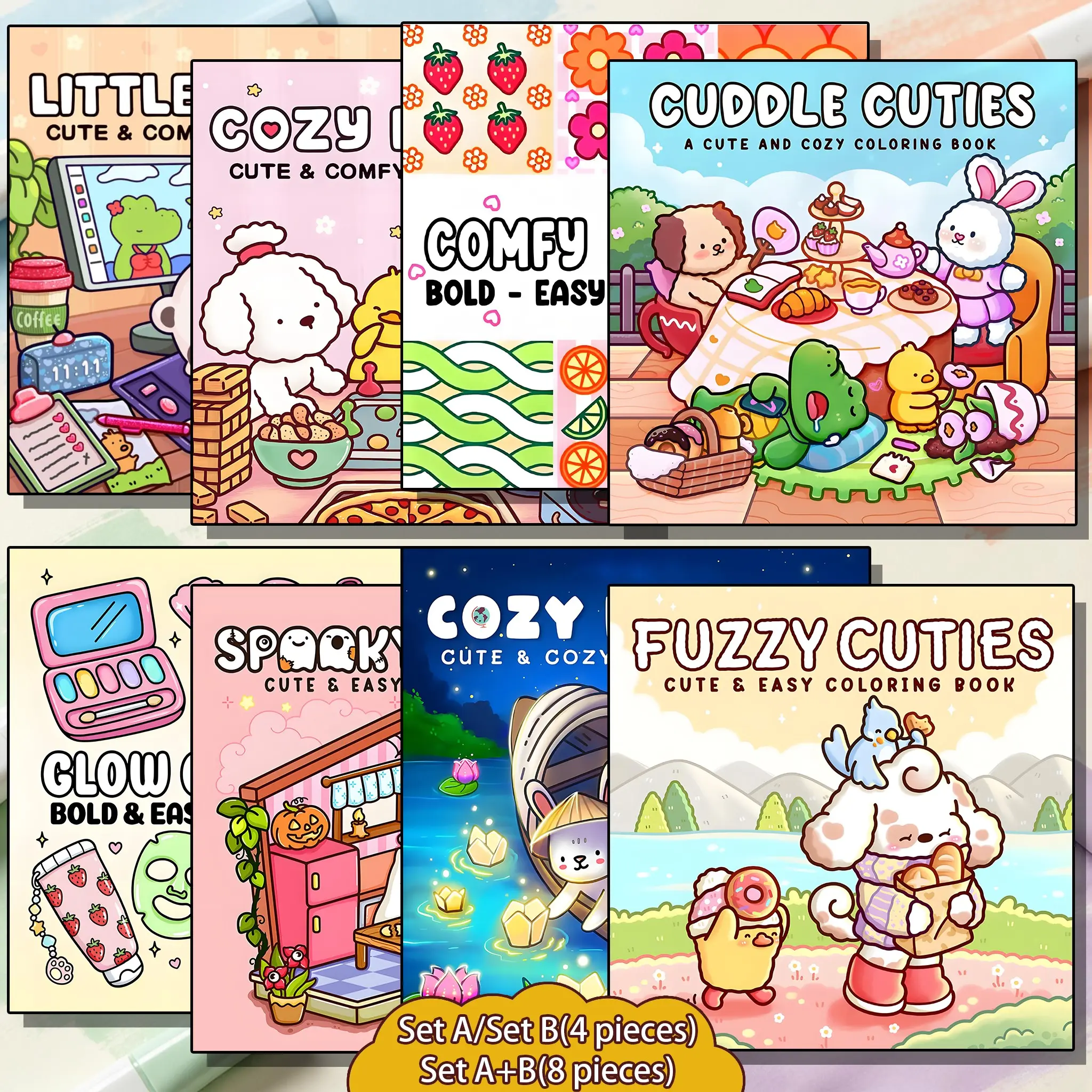 Cozy Cuties Cute & Comfy Coloring Book Set, 4/8 Pieces, Rich Patterns, Enjoy Drawing Process, Stress Relief Art, Art Supplies Kit, Art Kits, Perfect for Daily Leisure & Holiday Gifts,Back-to-school gifts, holiday gifts,Creative DIY Coloring Page Set
