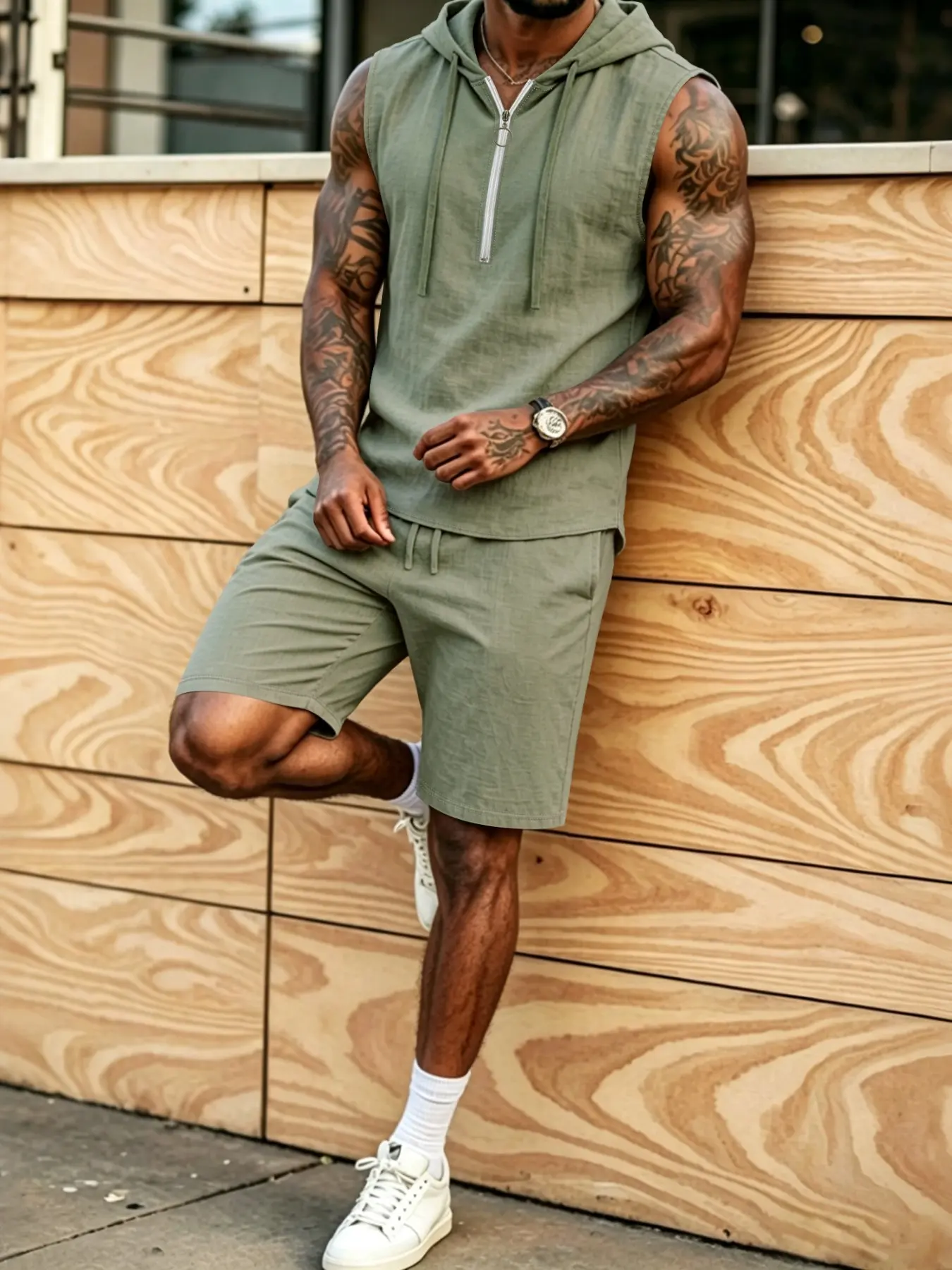 Men's Business Elegant Casual Sporty Solid Linen Sleeveless Tank Top and Shorts Set, Comfortable and Stylish Summer Outfit