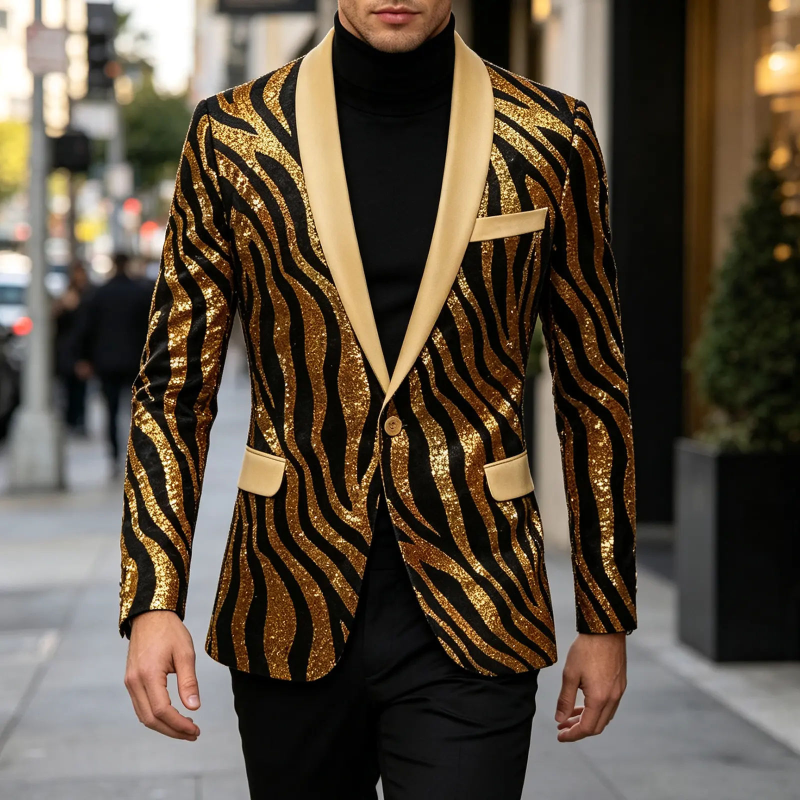 Men's Gold-Black Sequin Zebra Stripe Blazer - 1-Button Colorful Sparkly Lightweight Jacket with Cream Shawl Collar, Sequins Stripes, Flexible Fit for Party, Stage Performance