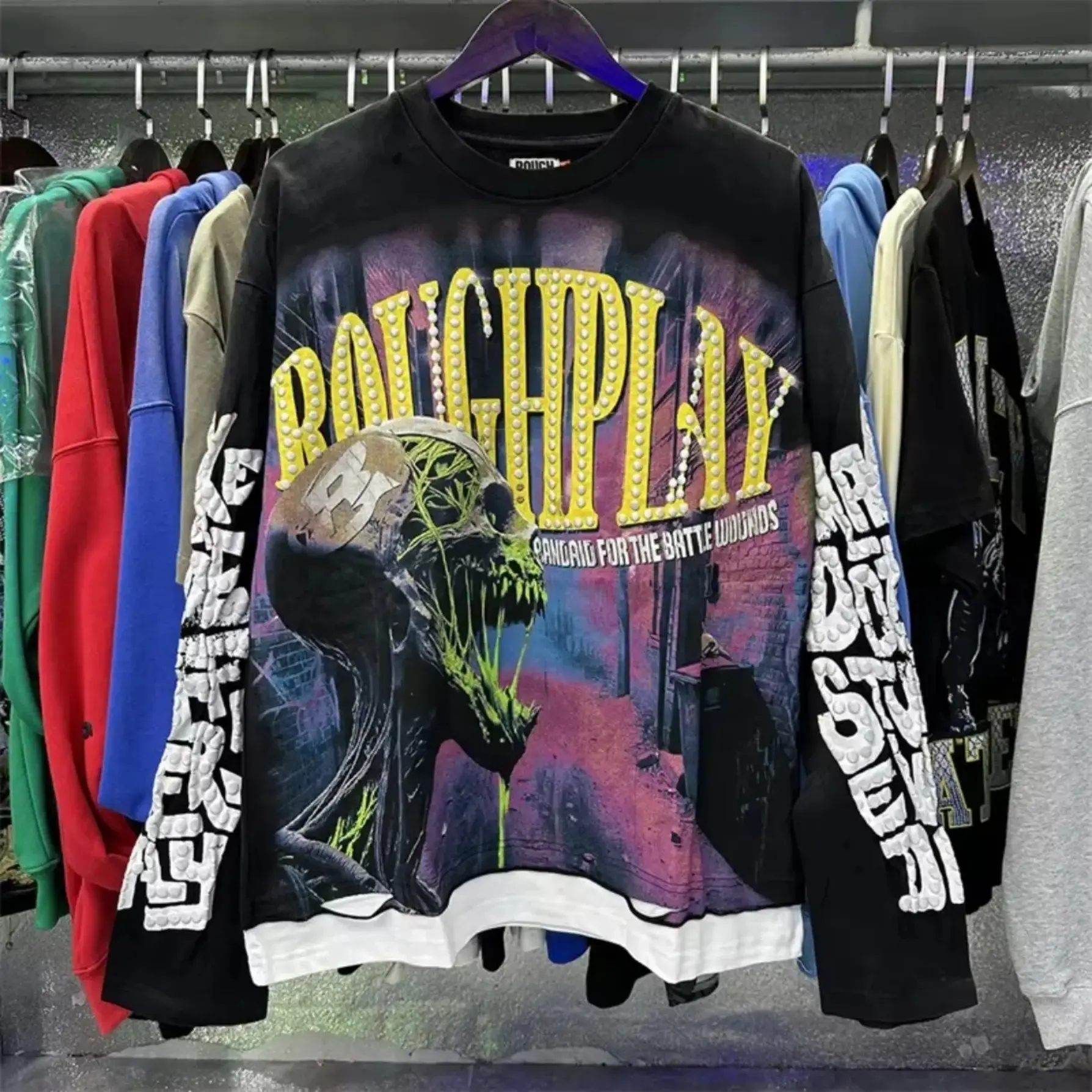 Rough Vintage Washed Distressed Skull Graphic Long Sleeve T-Shirt 100% Cotton Loose Oversized Y2K Hip Hop Band Tee Crew Neck Drop Shoulder Casual Streetwear Top Men Women Unisex,back to school,back to school haul