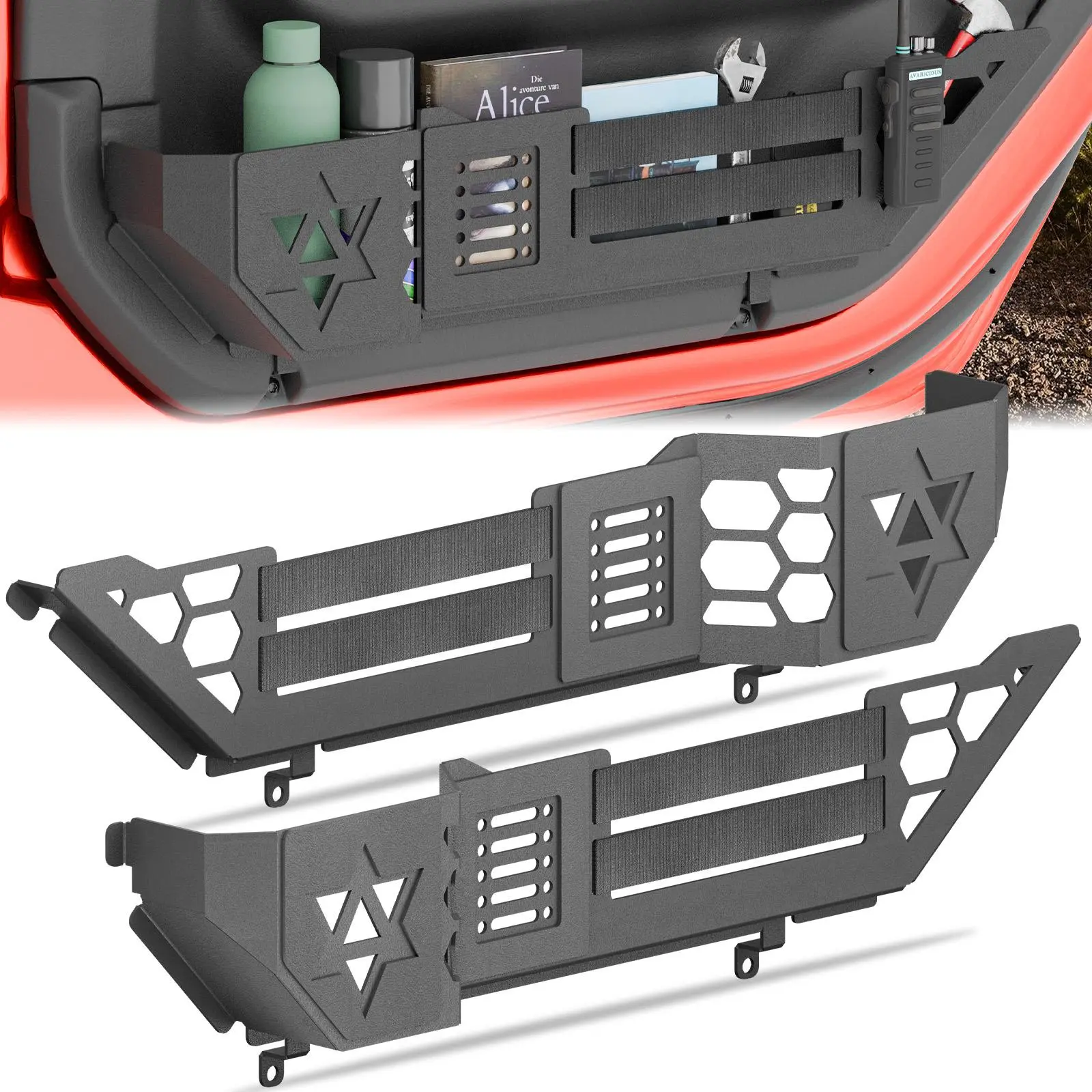 Yzona Heavy Duty Front Door Organizer Complete Set (2 Black PCS) for Jeep Wrangler JL 2018-2026 & Gladiator JT 2020-2026, Metal Storage Box, No-Drill Installation, Secure Fit, Vehicle Accessories for Off-Road Adventures & Daily Driving