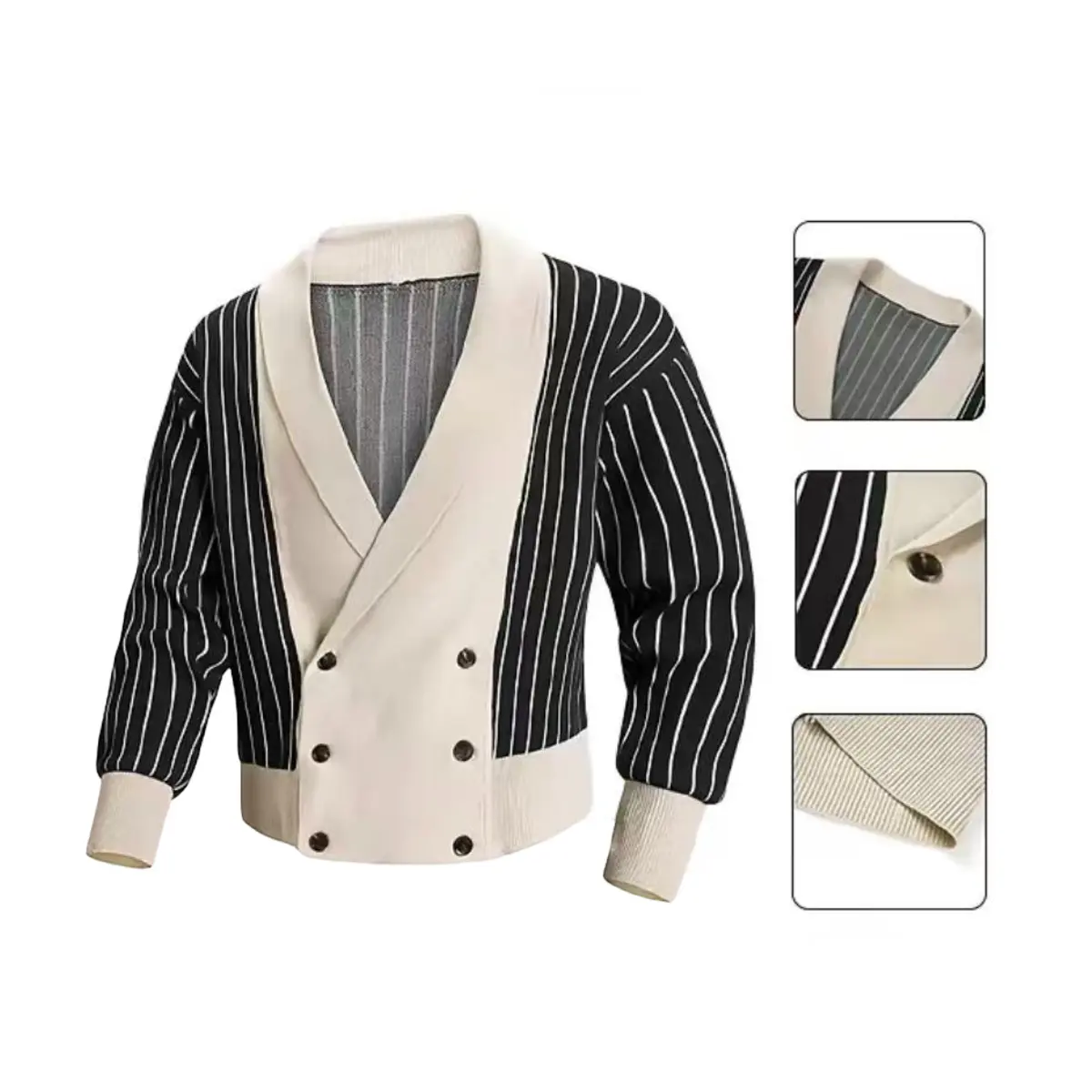 Men's Striped Color Block Double-Breasted Fitted Polyester Knit Cardigan - V-Neck Lapel Longsleeves Patchwork Tops, Retro Cropped Outerwear for Spring Autumn Daily Wear
