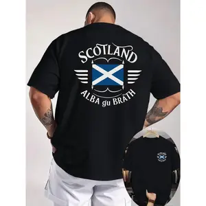 SCOTLAND ALBA Gu Men's T-shirt with Double-sided Scottish Flag Print, Featuring European Cultural Elements, a Loose-fitting Top for Fashion Enthusiasts, Plus Size., PLUS SIZE