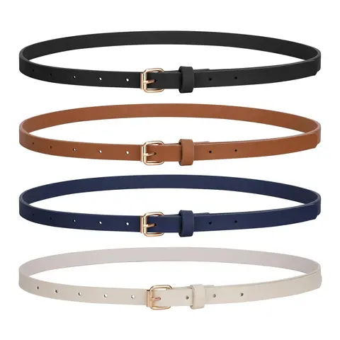 JASGOOD 4 Pack Skinny Women Leather Belt for Dresses Thin Waist Belt with Gold Buckle for Jeans Pants
