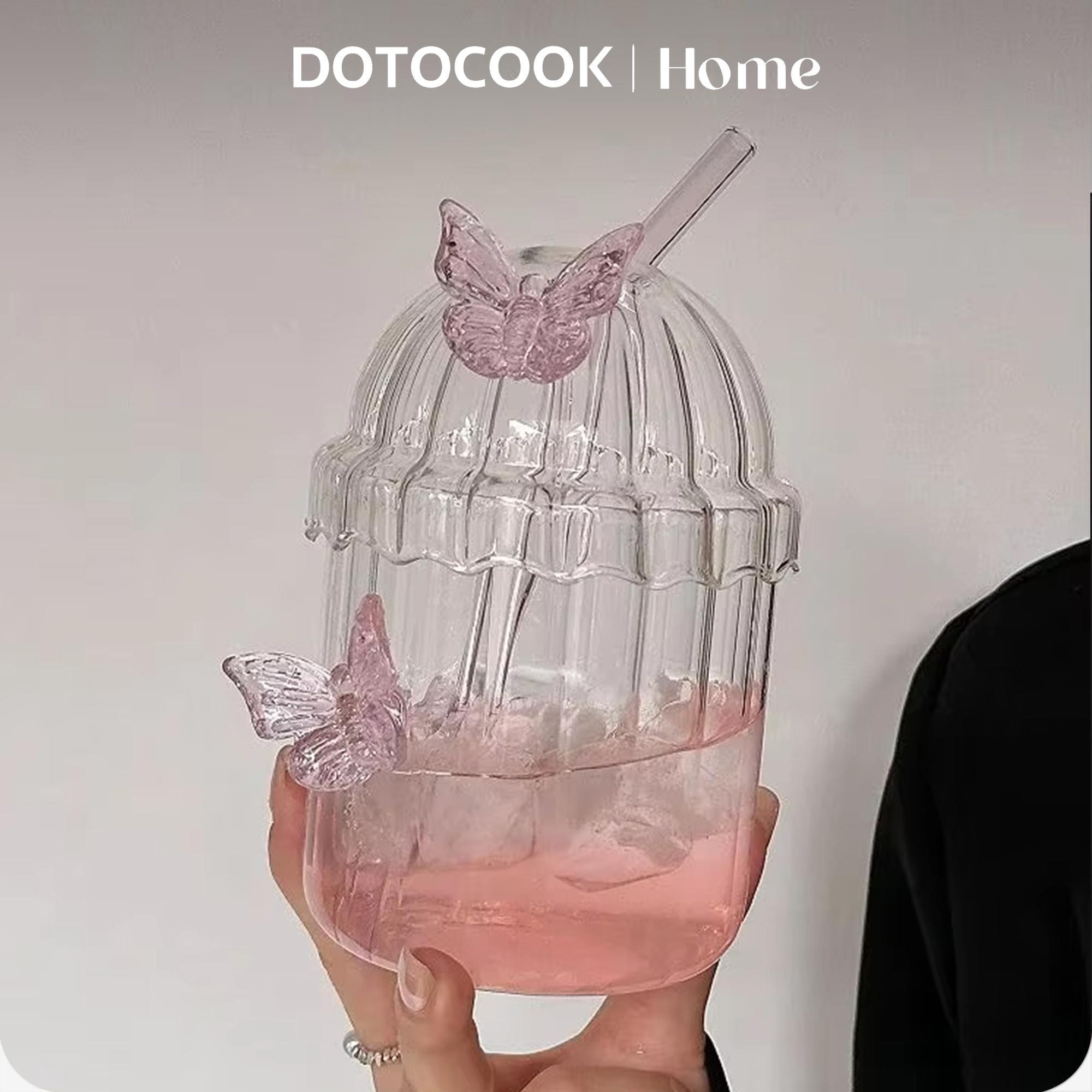 DOTOCOOK 1/2 Counts Pink 3D Butterfly Glass Bottle Tumbler with Lid & Straw – Heat-Resistant Cup for Iced Coffee, Bubble Tea & Cocktails, Perfect for Valentine’s Day, Bridal Showers & Birthday Parties, Home/Office/Outdoor Use, Drinkware