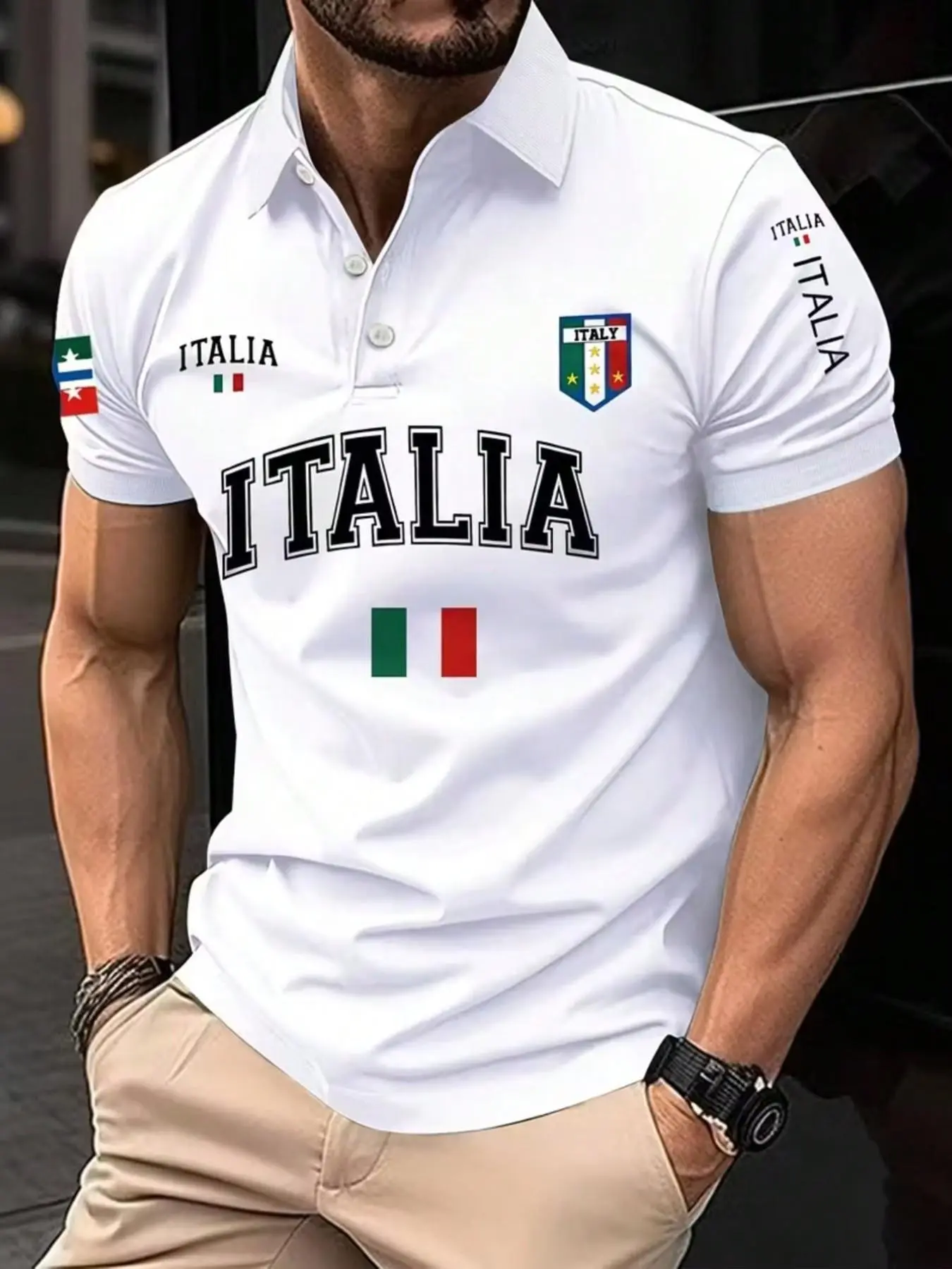 Men's Summer Classic Shirt 100% Polyester Casual Short Sleeve with Italian Pattern Print and Flag Design, Button Neck, Collared Shirts, Outdoor & Daily Wear, Casual Stylish Clothing