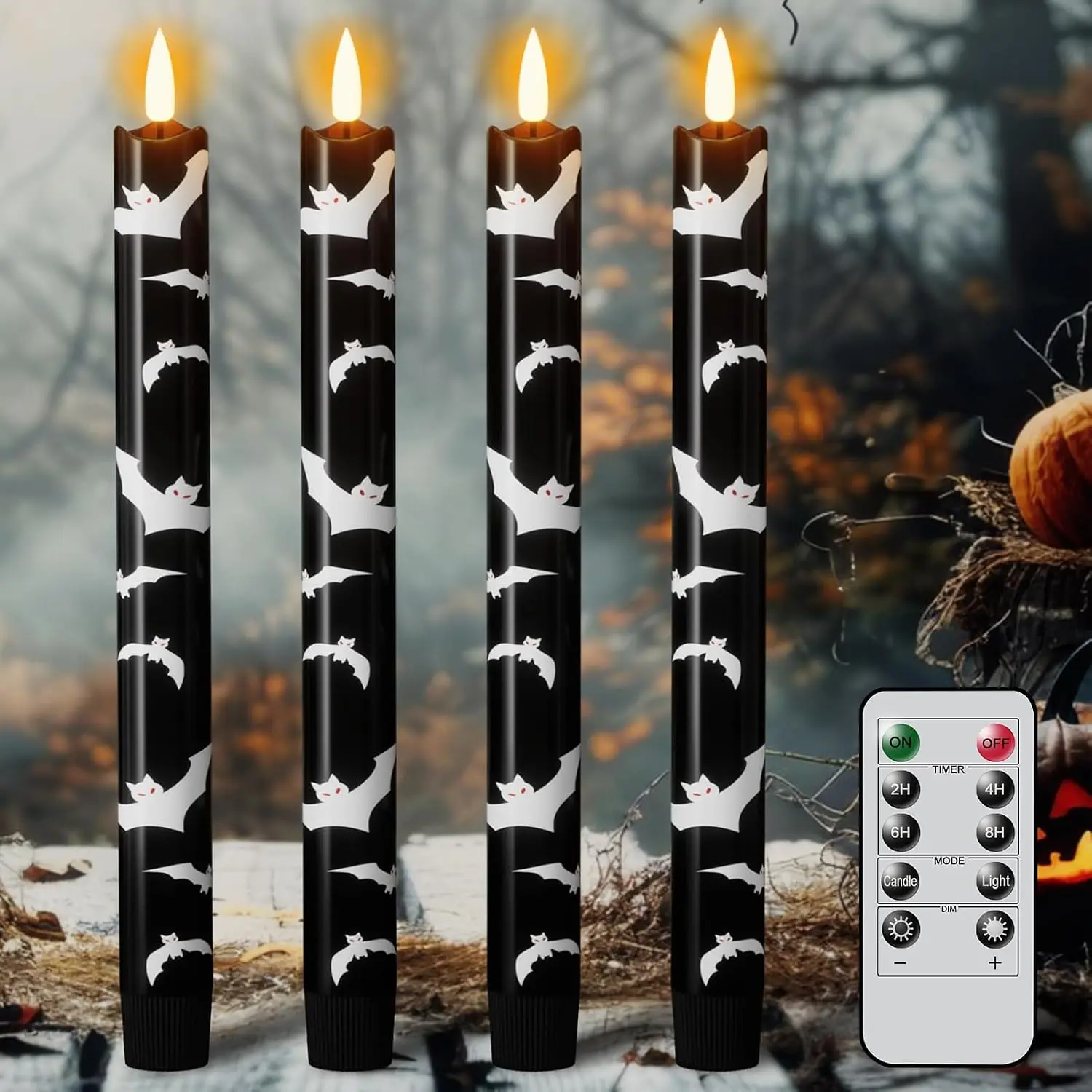 Halloween Bats Decal Flameless Taper Candles with Remote Timer |  Operated LED Candlesticks,  Wick Flickering Long Lasting, Black Real Wax Spooky Indoor Decor, 0.78"Dx9.64"H, 4Pack