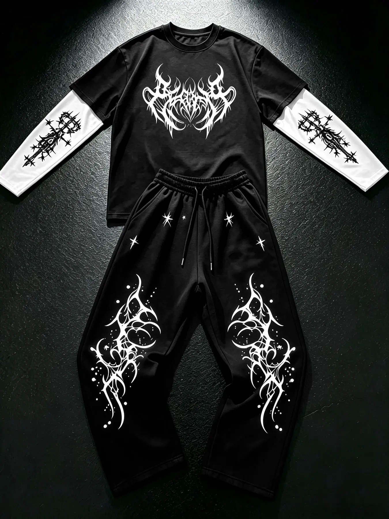 Men's Long Sleeve and Pants Two-Piece Set, Dark Aesthetic Tribal Tattoo Print Sports Suit, Gothic Cross Star Street Fashion