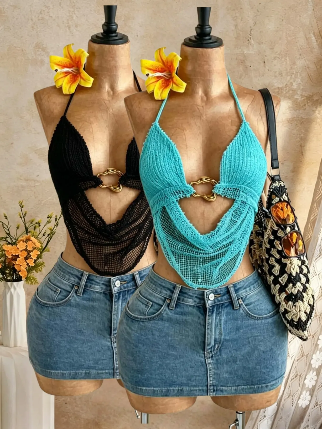 Beach Vacation Style Knit Halter Backless Sleeveless Top for Women, Hollow Out Pleated Tie Back Slimming Atmosphere Shirt Set, Two-Piece
