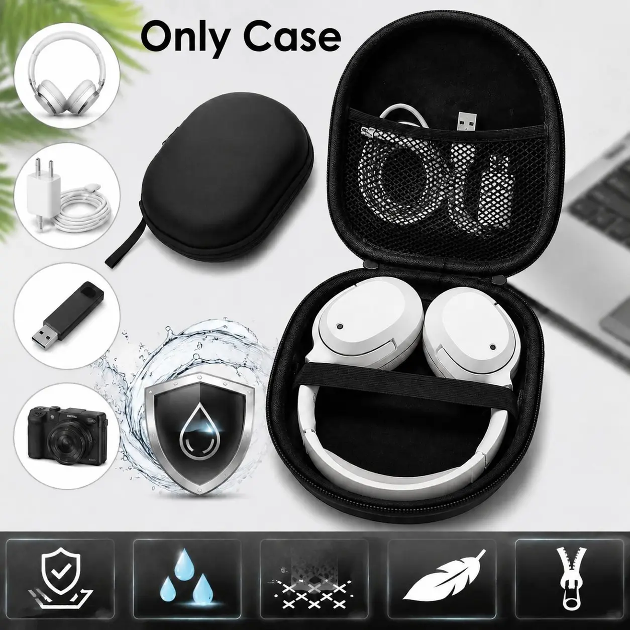 1pc Black Large Multi-Functional Headphone Storage Case, Shockproof, Pressure-Resistant and Water Proof Hard Shell, EVA Bluetooth Headphone Storage Box, Digital Camera Accessory Pouch, Data Cable, USB Flash Drive Zipper Portable Protective Cover