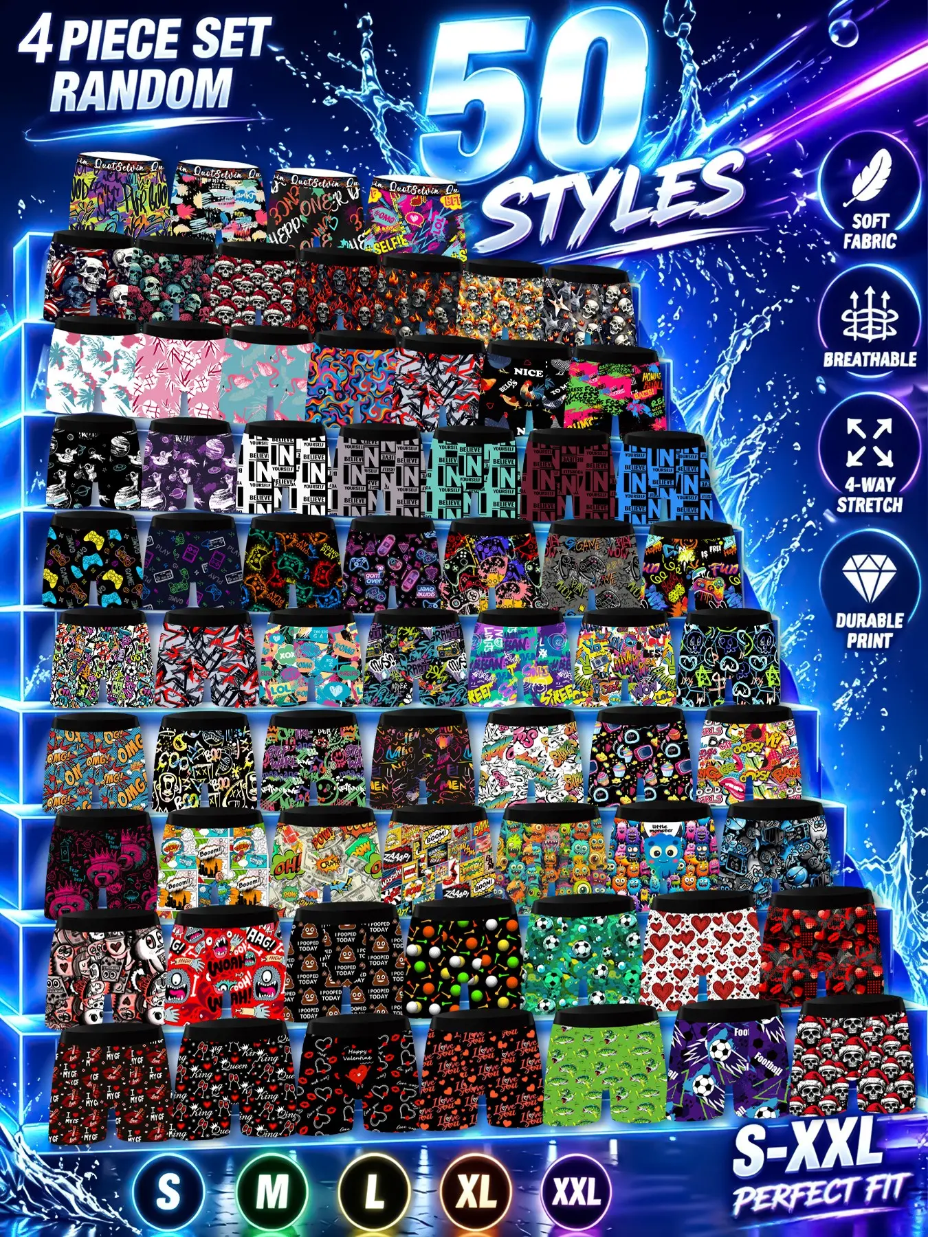 Men's 4-Pack Low Rise Underwear, Print Boxershorts Cartoon Prints, High Stretch Breathable Fabric, Durable Comfort, Sizes S-Xxl, All Seasons Wear