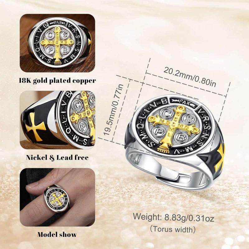 Eudora Saint Benedict Ring, Silver-Plated Protective Statement Ring, Vintage San Benito Cross for Men Adjustable Religious Jewelry Eudora Saint Benedict Ring, Silver-Plated Protective Statement Ring, Vintage San Benito Cross for Men Adjustable Religious Jewelry