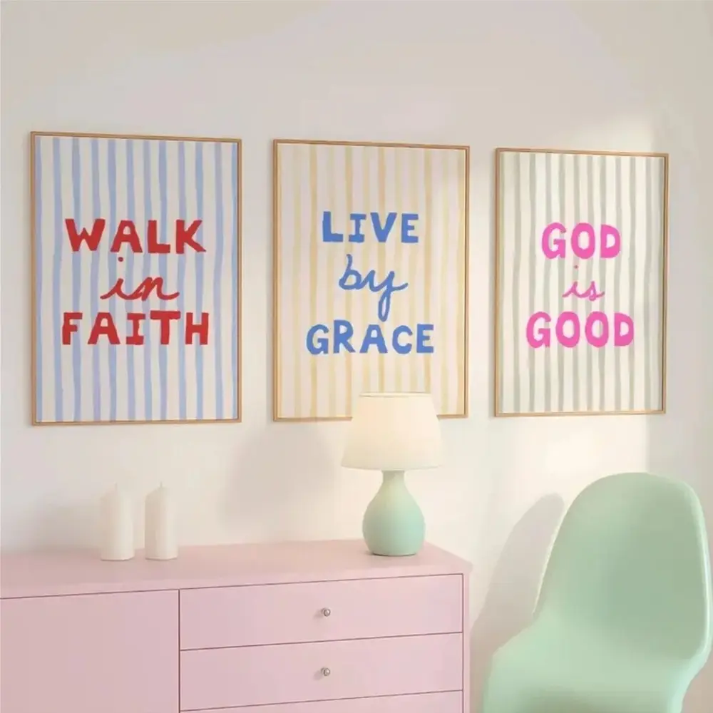 3 Pieces Religious Bible Quotes Pink Striped Art, Inspirational Quotes Wall Mural, Warm Grateful Home Art, Contemporary Gallery Decor, Pink Tone Painting, Wall Decor for Bedroom and Study, Framed or Unframed, Wall Prints