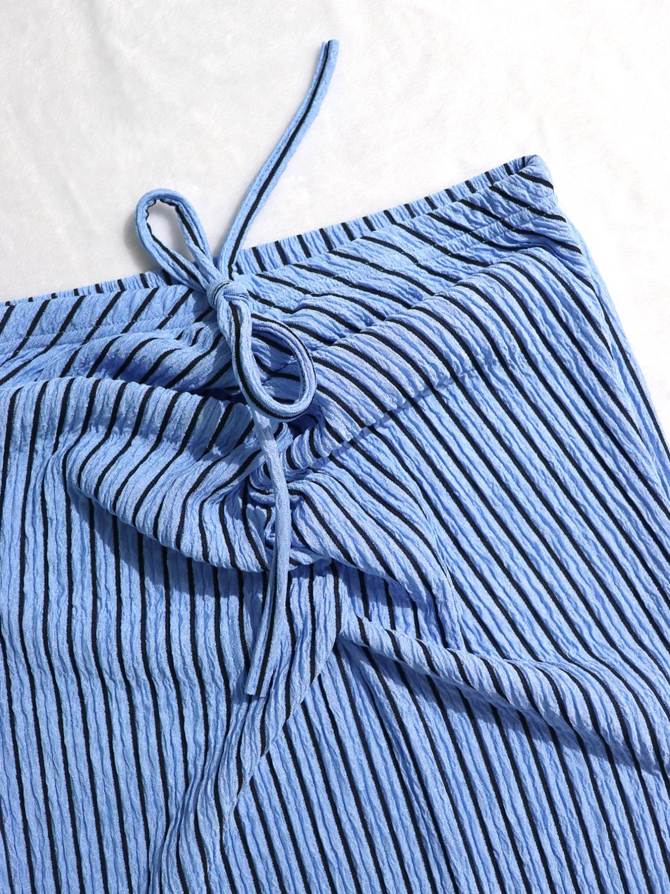 Women's Sexy Asymmetrical One-Shoulder Striped Two-Piece Set, High-Waist Tie Slim Fit Long Dress Summer Vacation