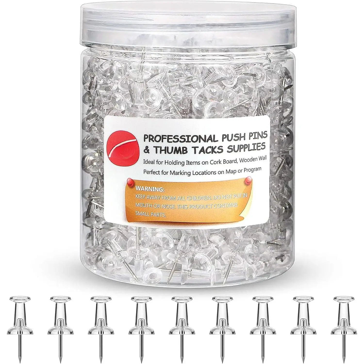 Push Pins 600 Count, Standard Clear Thumb Tacks Steel Point and Clear Plastic