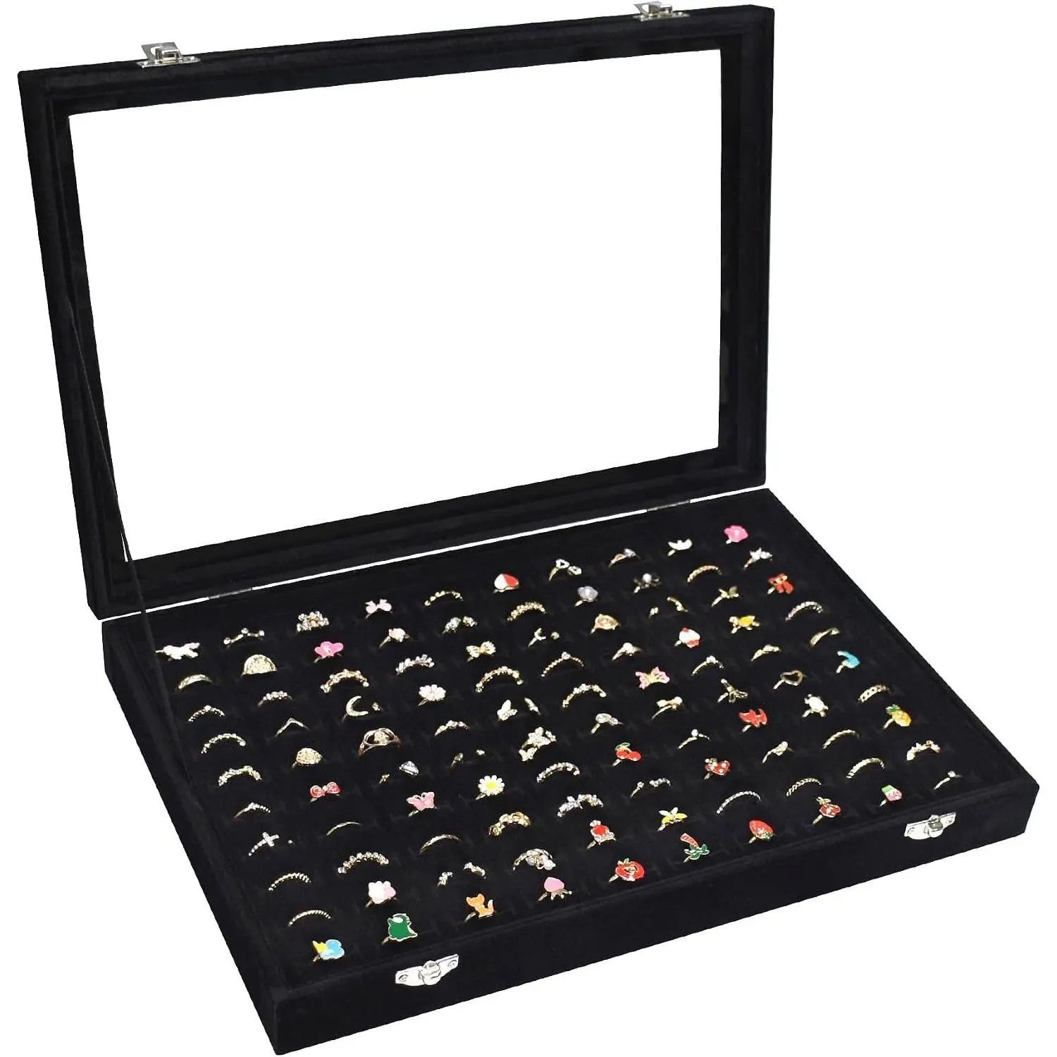 100-Slot Ring Organizer Tray - Transparent Cover Lined Storage Box, Protective Earring-Compatible Design, Fits Various Sizes for Personal Use & Display