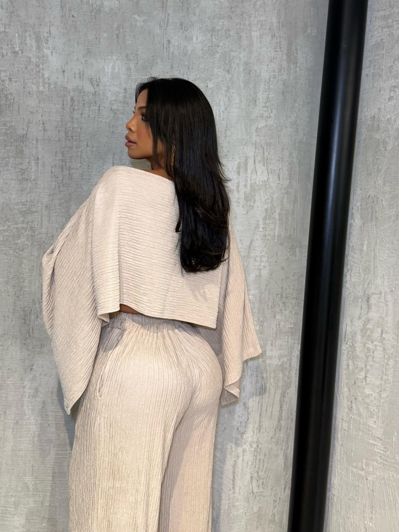 Women's Fashionable Asymmetrical Neckline Top & Elastic Waist Pocket Pants Set, Fit, Elegant Casual for Beach Vacation