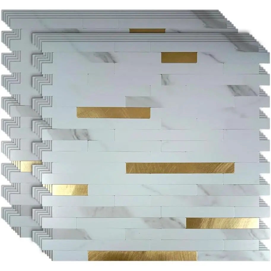 Peel and Stick Backsplash for Kitchen Bathroom, Self Adhesive PVC Stone Grain Tiles Subway  Wall Sticker(10 Sheets) (10, White Stone + Frosted Golden)