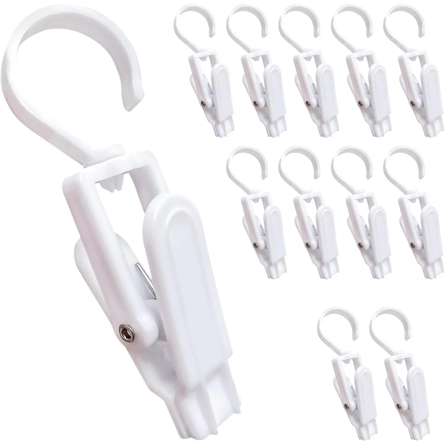 12 count Super  Plastic Swivel  Hooks, Curtain Clips, Clothes Pins, Beach Towel Clips,  Swivel Laundry Clips for Hats, Pants, Towels, Socks, Pants (White)