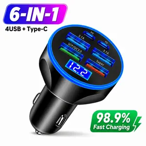 6 in 1 USB C Car Charger 300W,Multi Port PD QC3.0 Fast Charging Usb Smart Charger Cigarette Lighter Adapter with LED Voltage Display,4 USB-A 2 Type-C Car Power Adapter for iPhone,Samsung,iPad,Android