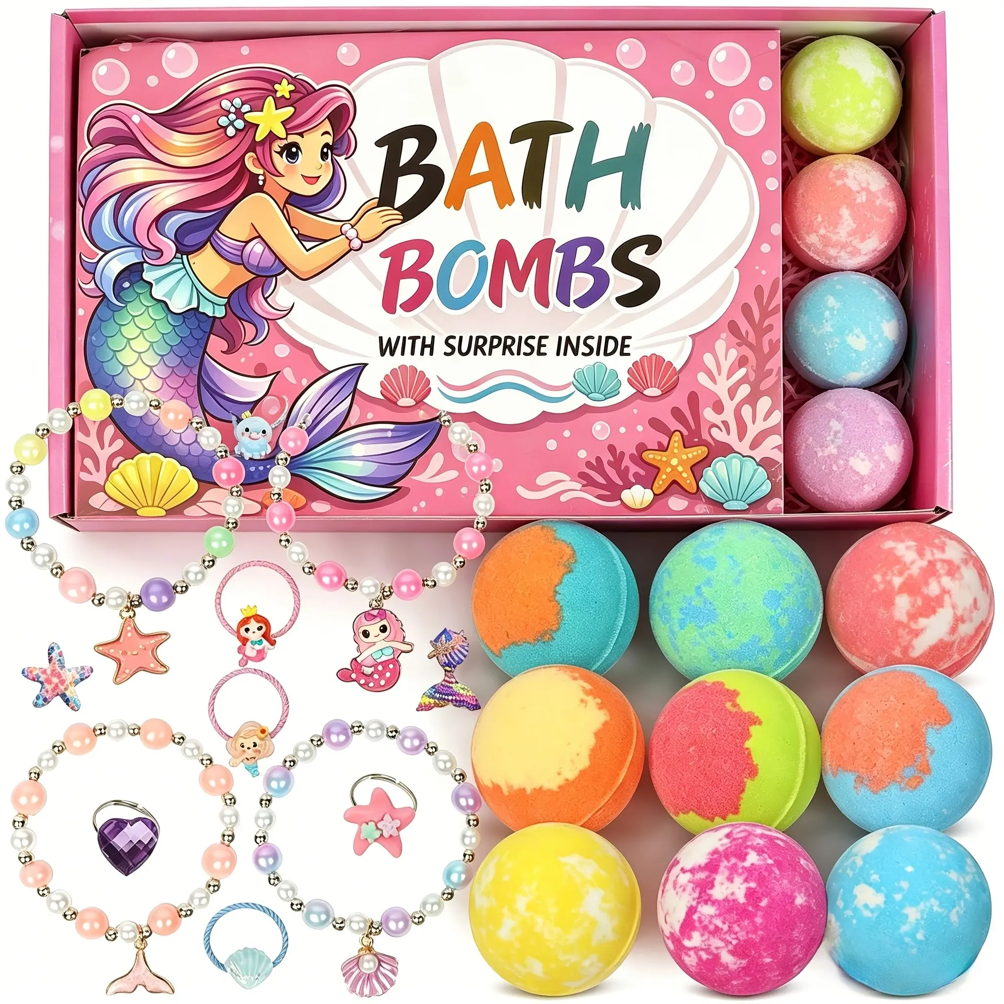 Mermaid Theme Surprise Bath Bombs Set, Includes 12 Bath Bombs in Mermaid Box, Various Scents, Perfect Birthday Gift